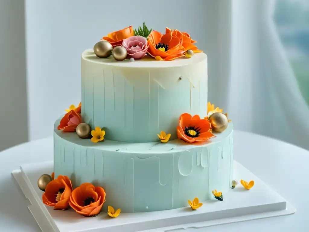 Detalles delicados de una elegante tarta de bodas con flores de azúcar en tonos pastel, reflejada en una mesa de cristal