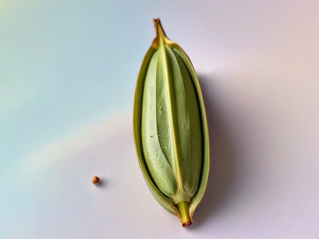 Detalles delicados de vaina de vainilla abierta, con semillas aromáticas, en fondo difuminado de tonos pastel