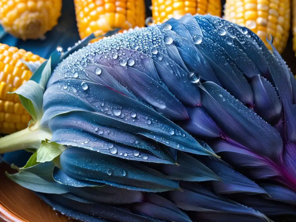 Detalles doradoazules de un maíz fresco cubierto de rocío, resaltando la belleza del maíz azul en repostería, tendencia global