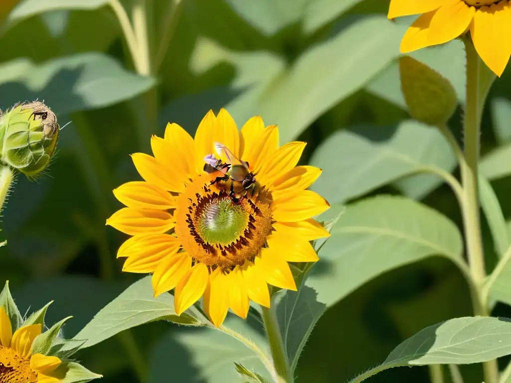 Delicada abeja recolectando polen en girasol: belleza natural Detalles dorados: Abeja en flor de girasol, simbolizando la belleza y beneficios del polen de abeja en postres