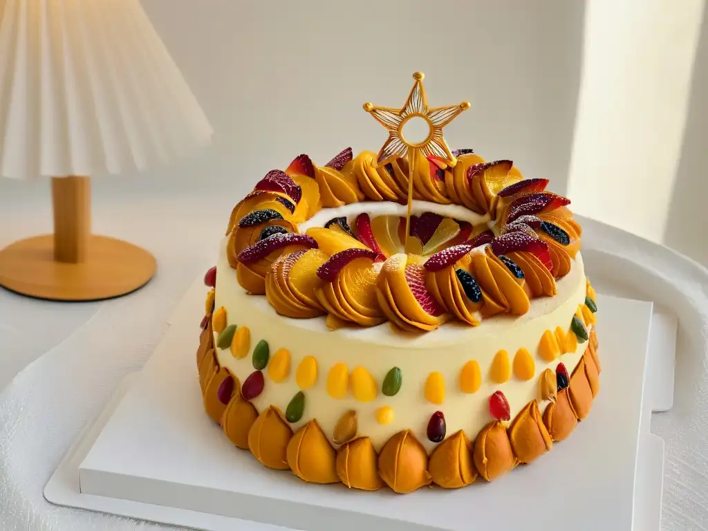 Detalles dorados y frutas confitadas en un Roscón de Reyes, significado Roscón Reyes cultura española