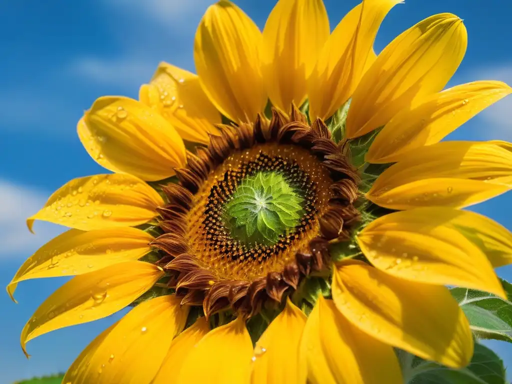 Detalles dorados de un girasol con rocío, reflejando los Beneficios del aceite de girasol en la repostería