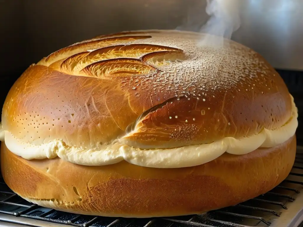 Detalles dorados: pan de masa madre recién horneado con vapor, resaltando la fermentación en repostería sostenible