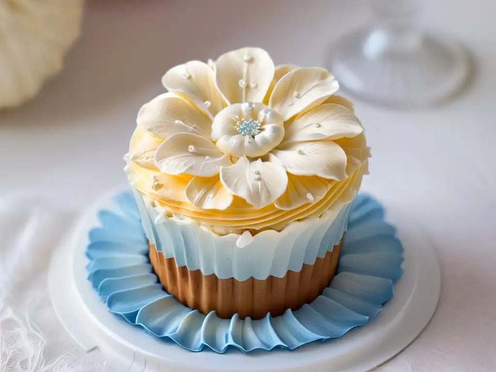 Detalles de un exquisito adorno de azúcar en un cupcake decorado
