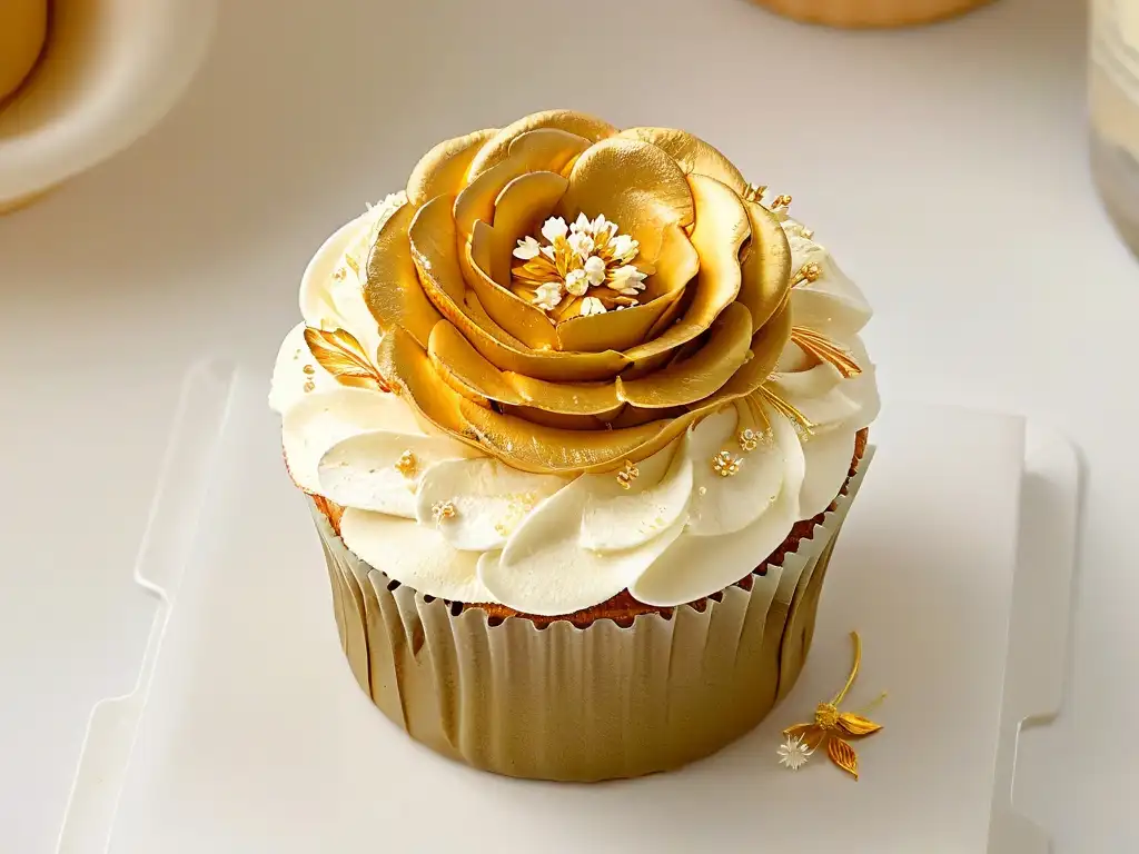 Detalles exquisitos: Cupcake decorado con flores comestibles y pan de oro Detalles exquisitos de un cupcake con flores comestibles y láminas de oro, resaltando la importancia trazabilidad ingredientes repostería