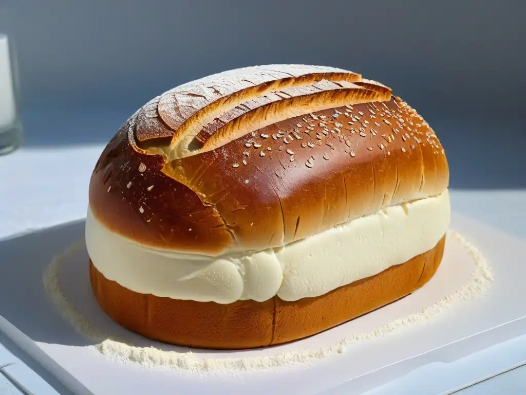 Detalles exquisitos de un pan de masa madre perfectamente fermentado, con patrones en la corteza y harina espolvoreada, en un fondo minimalista