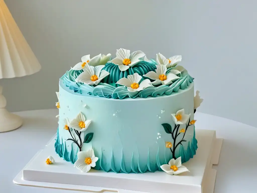 Detalles exquisitos de un pastel de tres pisos decorado con glaseado perfecto y flores de azúcar en tonos pastel