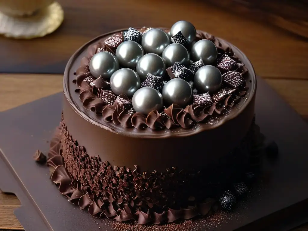 Detalles exquisitos de perlas de chocolate negro bajo una luz suave, reflejando lujo y elegancia