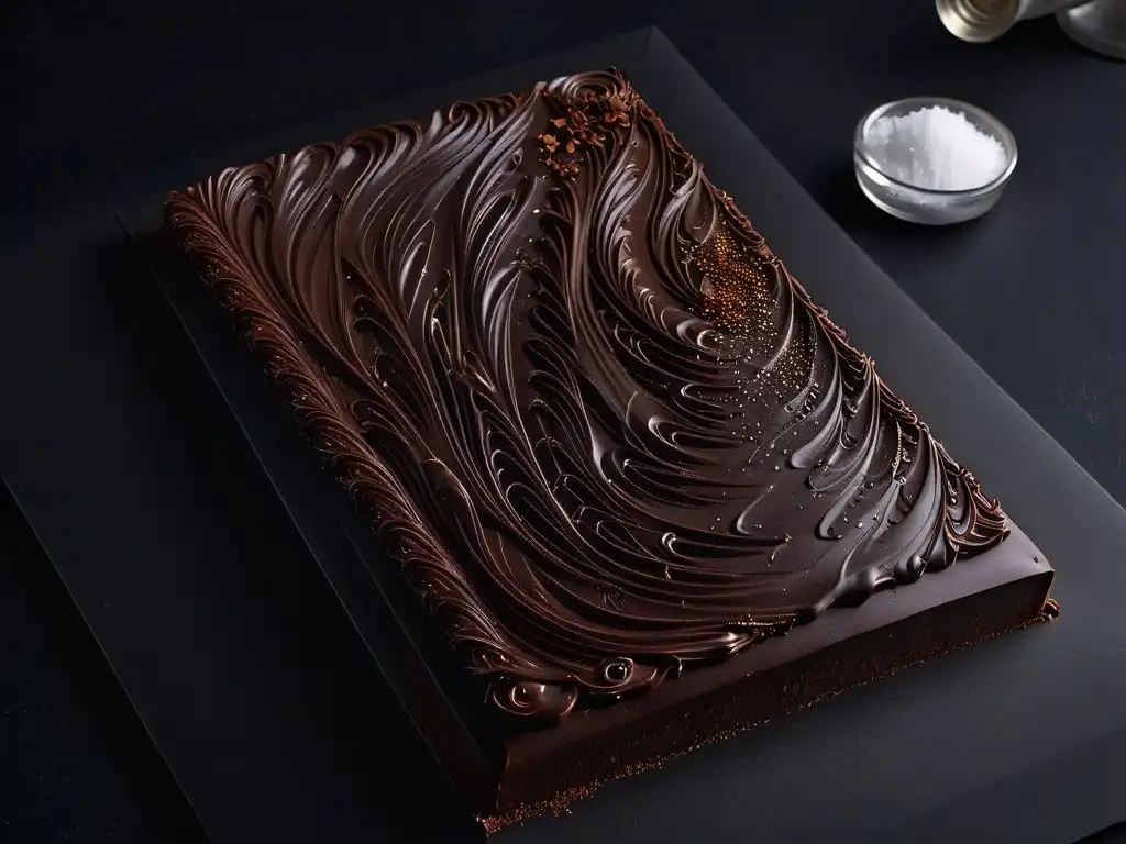 Detalles exquisitos en una tableta de chocolate artesanal con remolinos de chocolate oscuro y con leche, sal marina, sobre fondo negro mate