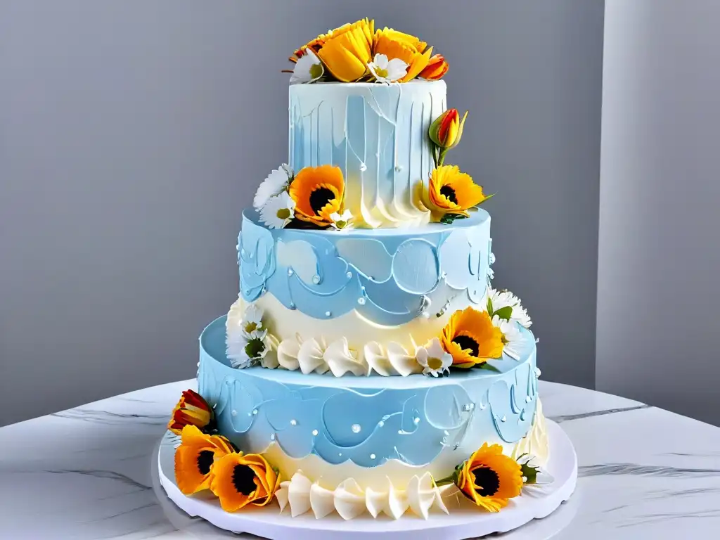 Detalles florales en una tarta de boda de tres capas con glaseado perfecto