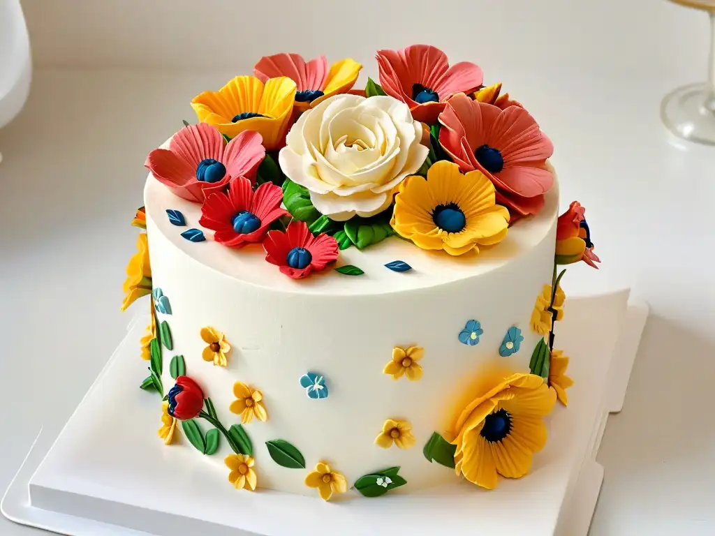 Detalles de flores de azúcar en pastel artesanal: elegancia y color en repostería artesanal vs industrial