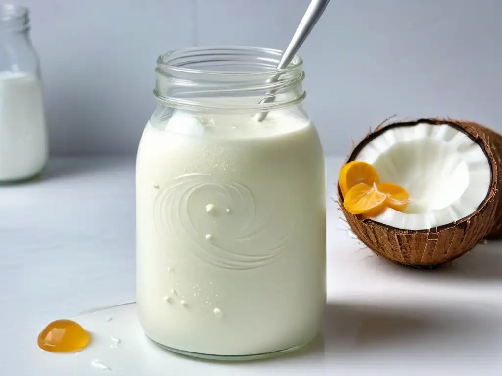 Detalles de un frasco de cristal con kéfir de coco casero, mostrando sus texturas y burbujas