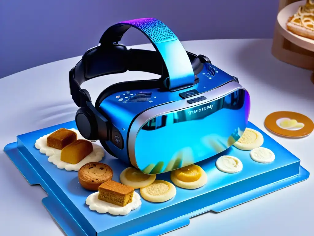 Detalles futuristas de un visor de realidad virtual con herramientas de repostería en realidad aumentada