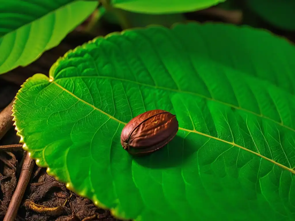 Detalles de un grano de cacao sobre hojas verdes, resaltando la belleza natural de ingredientes éticos para repostería y reducir desperdicio