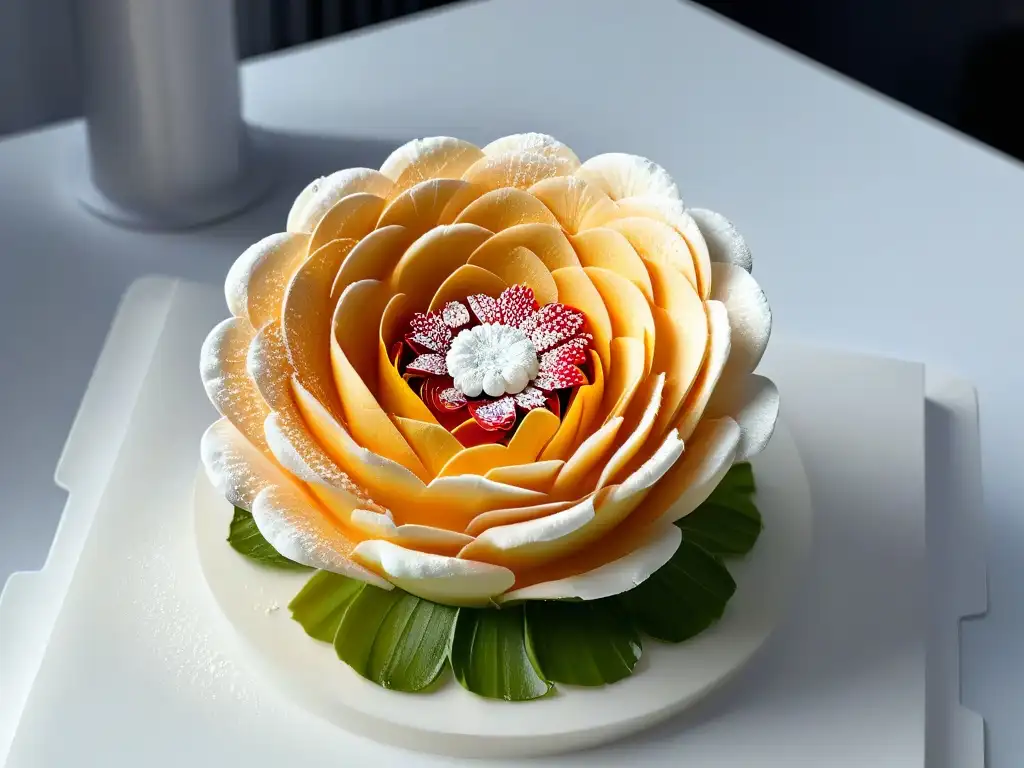 Detalles hiperrealistas de una flor de azúcar fusionando arte culinario tradicional con AR en redes cocina global