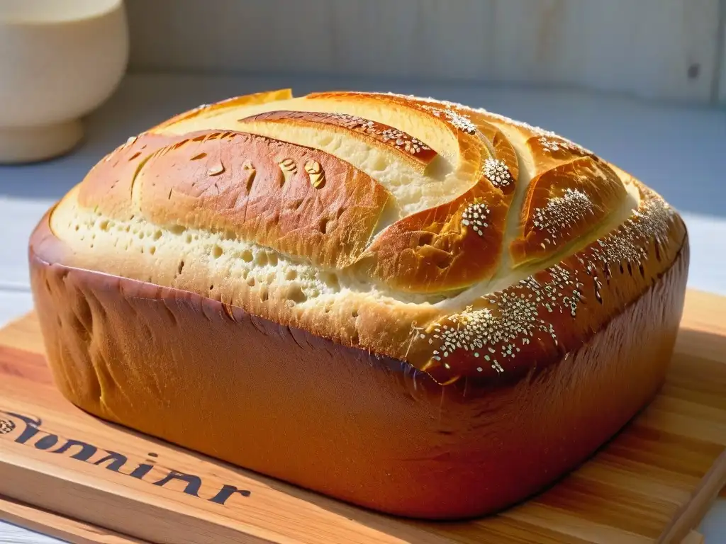 Detalles de una hogaza de pan de masa madre con fermentación en repostería sostenible en tabla de madera rústica