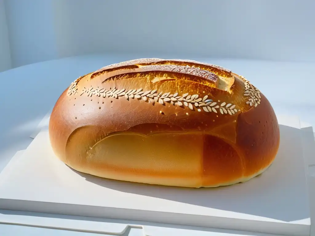 Detalles de una hogaza de pan de masa madre perfectamente fermentada, con patrones en la corteza y textura esponjosa, en un fondo minimalista