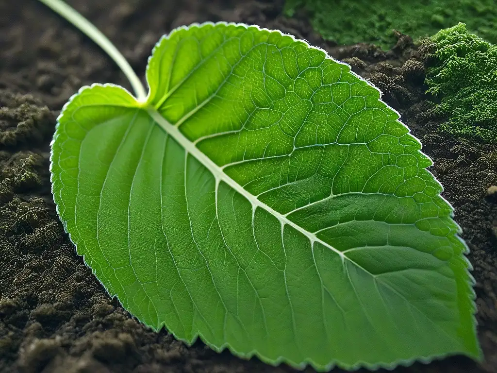 Detalles impresionantes de una hoja de estevia en verde vibrante