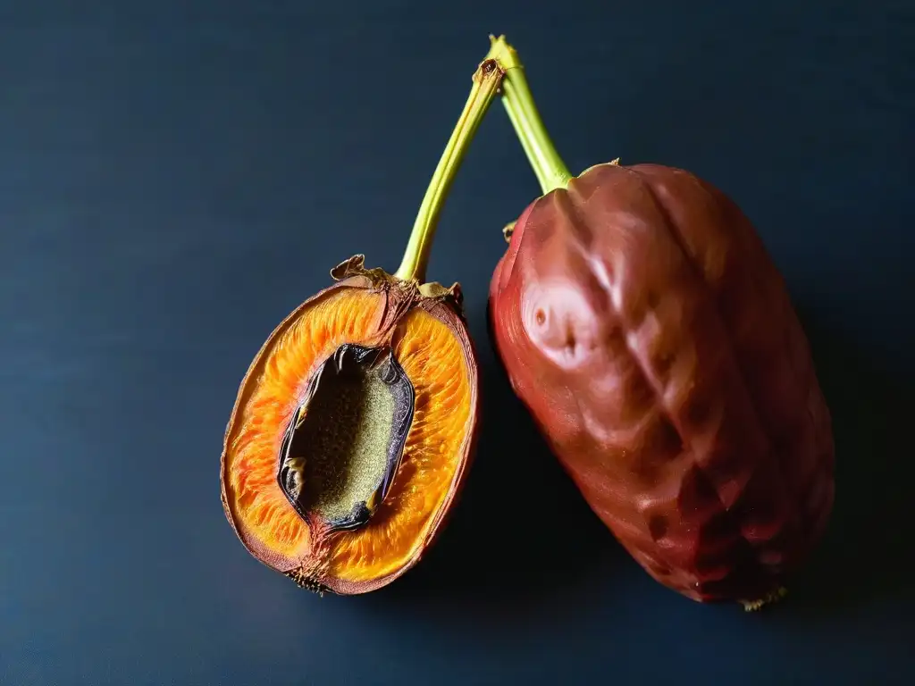 Detalles de una jugosa vaina de tamarindo abierta, mostrando su pulpa oscura y semillas, ideal para recetas con pulpa de tamarindo