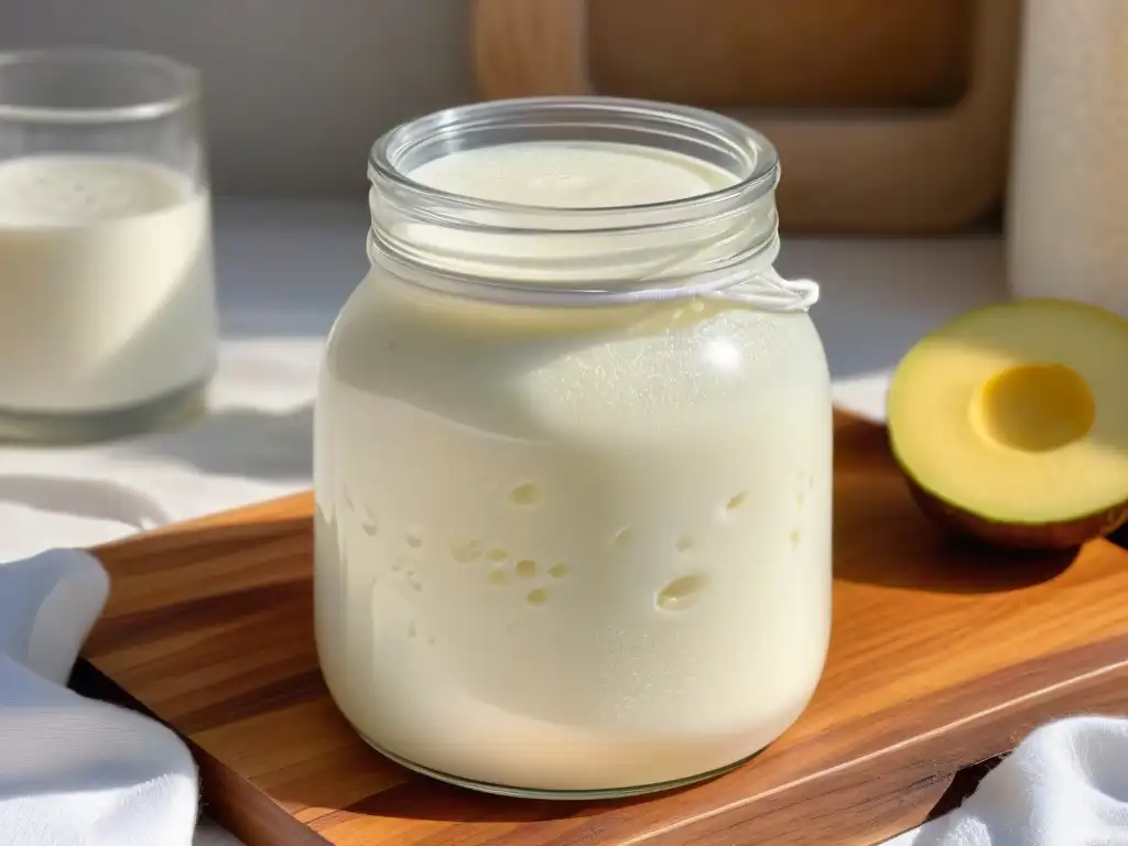 Detalles del kéfir casero en frasco de vidrio, resaltando su textura cremosa y beneficios para la digestión