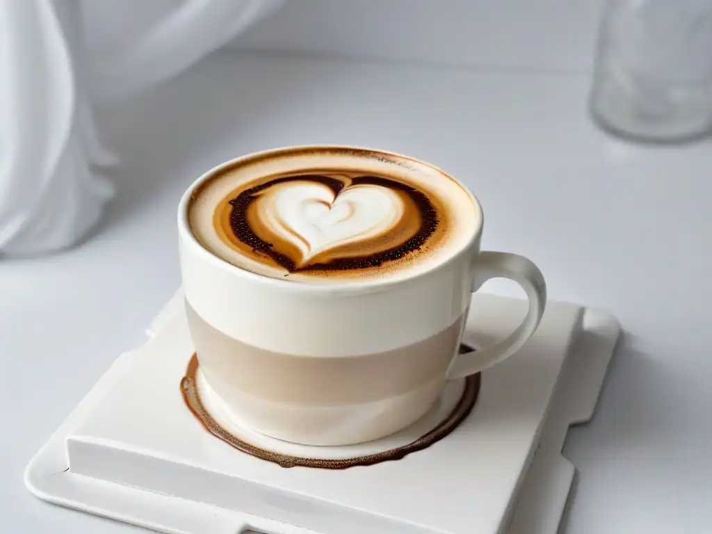 Detalles latte art corazón sobre cappuccino en taza blanca