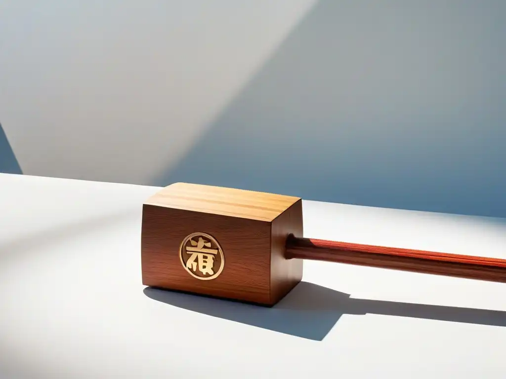 Detalles del mazo de madera japonés tradicional para mochi, iluminado suavemente, con 'Secretos arte mochi tradicional innovador'