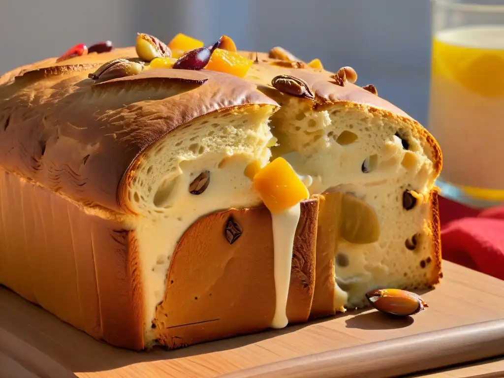 Detalles de un panettone premium con levaduras especiales, textura esponjosa, frutas confitadas y nueces, corteza dorada brillante