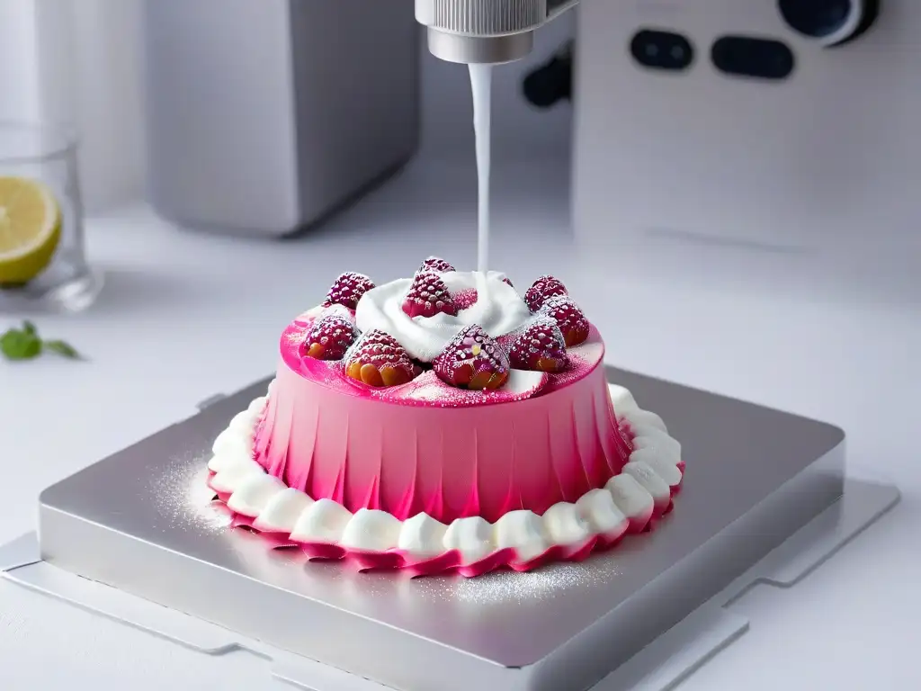 Detalles precisos de impresión 3D: boquilla limpia extruyendo postre rosa en cama de acero inoxidable