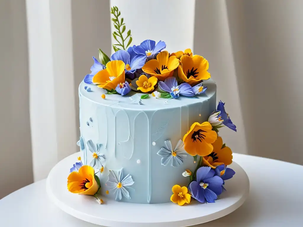 Detalles sublimes de un pastel tritier en tonos pastel, con flores comestibles y frosting impecable