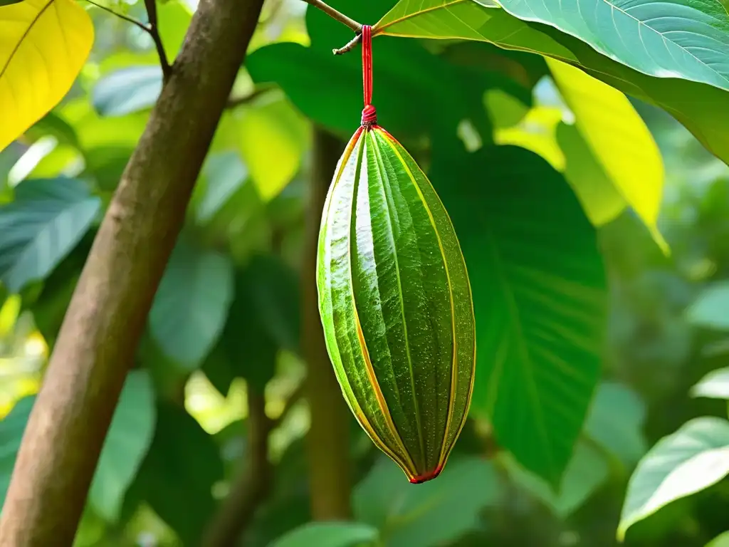 Detalles vibrantes de un cacao maduro en árbol, resaltando su belleza natural