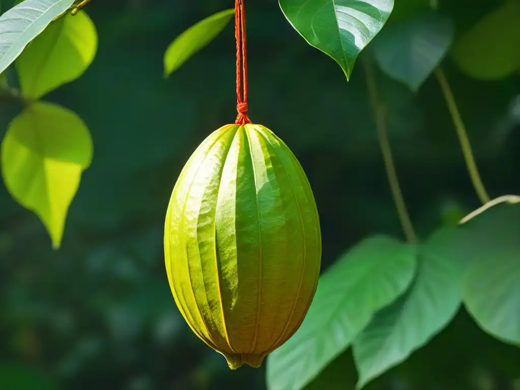 Detalles vibrantes de un cacao orgánico maduro colgando del árbol, resaltando su color verde bajo el sol