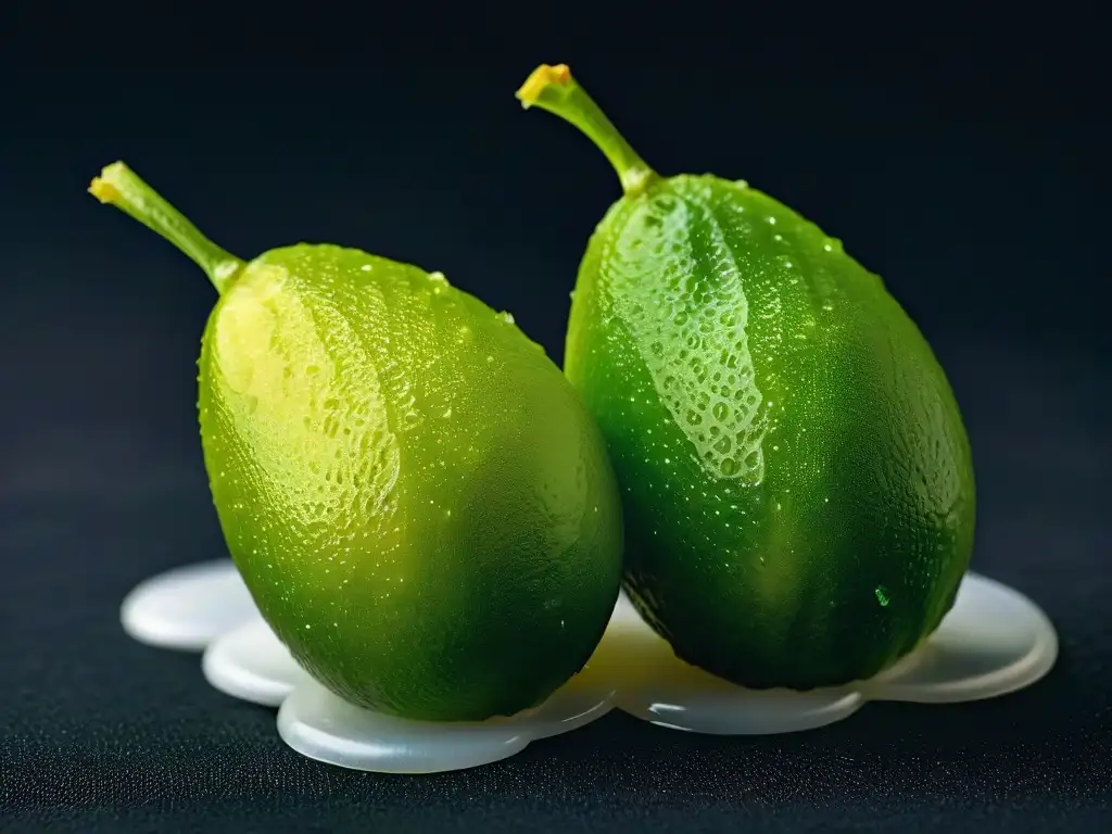 Detalles sorprendentes de Limón Caviar verde en fondo negro Detalles vibrantes de un Finger Lime recién cortado, con sus perlas jugosas y textura de caviar, sobre fondo negro