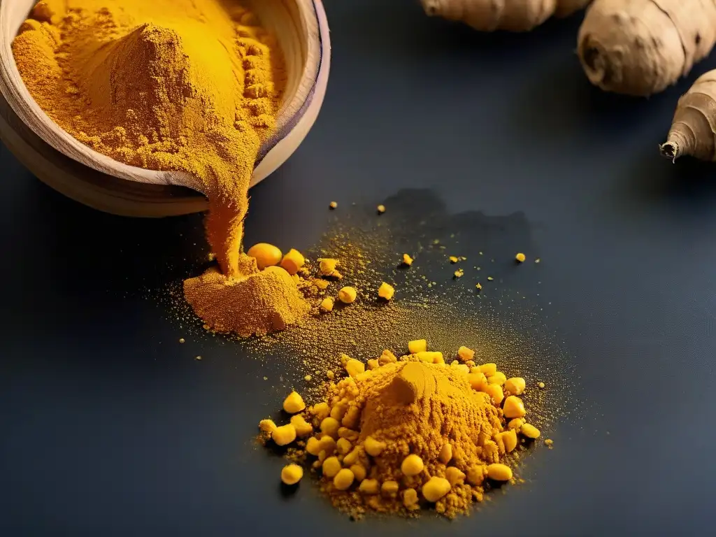 Detalles vibrantes de una raíz de cúrcuma amarilla, con texturas y polvo de cúrcuma, resaltando los beneficios del turmeric en repostería