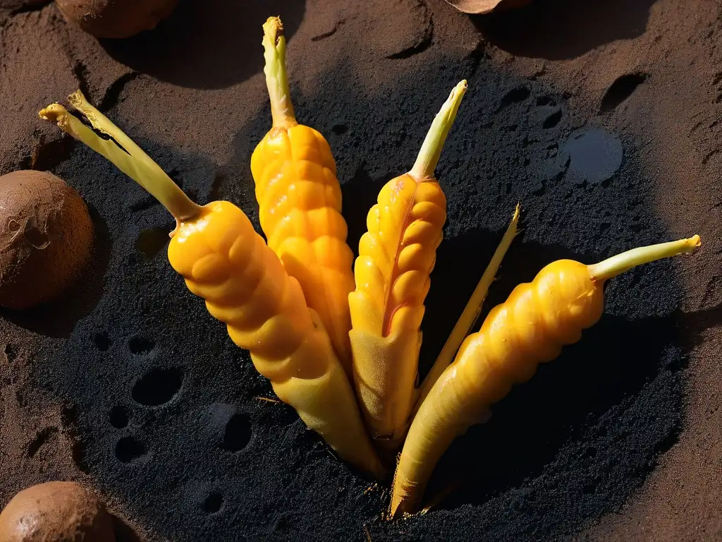 Detalles vibrantes de una raíz de cúrcuma amarilla con gotas de agua, realzando su belleza natural