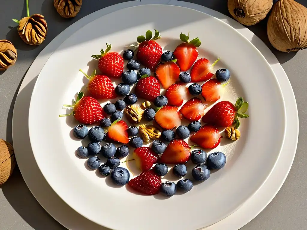 Delicias naturales: fresas, arándanos y nueces en plato blanco Detalles vibrantes de fresas, arándanos y nueces frescas en plato blanco minimalista