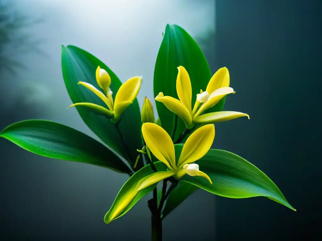 Detalles vibrantes de una orquídea de vainilla verde, cultivos sostenibles repostería responsable