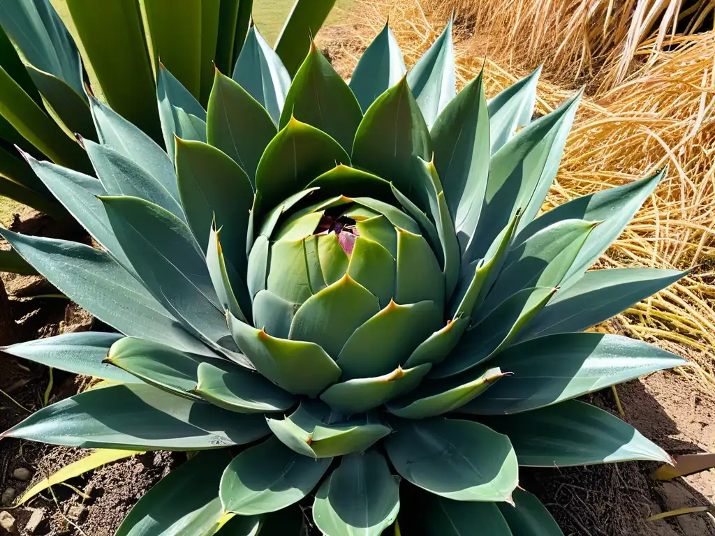 Detalles vibrantes de una planta de agave madura, sus hojas verdes desplegándose bajo el sol