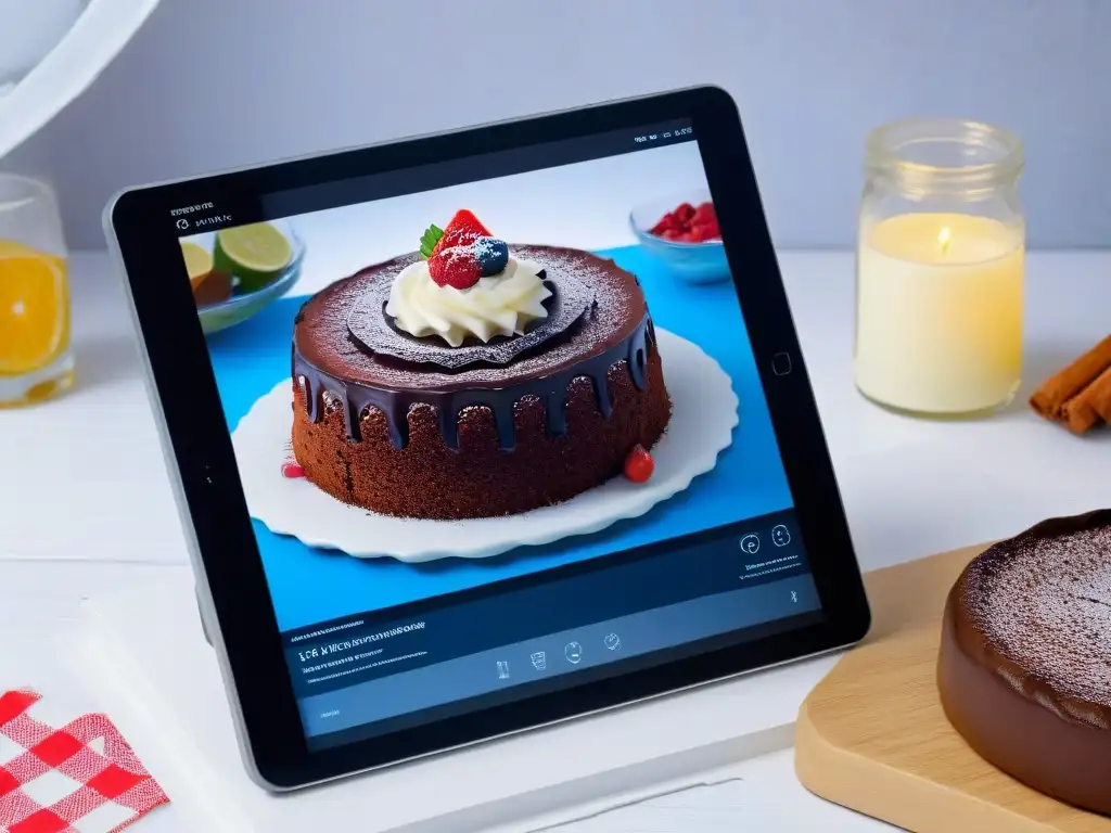 Digitalización de recetas de repostería: Cocina moderna con libro digital mostrando una deliciosa receta de pastel de chocolate