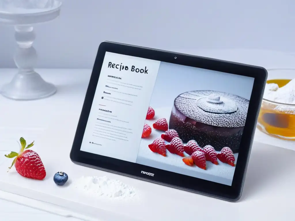 Digitalización de recetas de repostería en una tablet con imágenes vibrantes y elegantes detalles en una encimera de mármol blanco