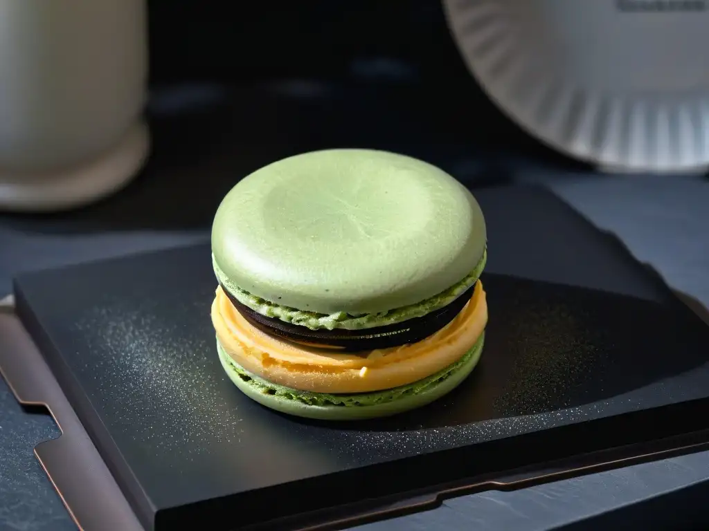 Un macaron delicadamente diseñado descansa en un plato negro mate