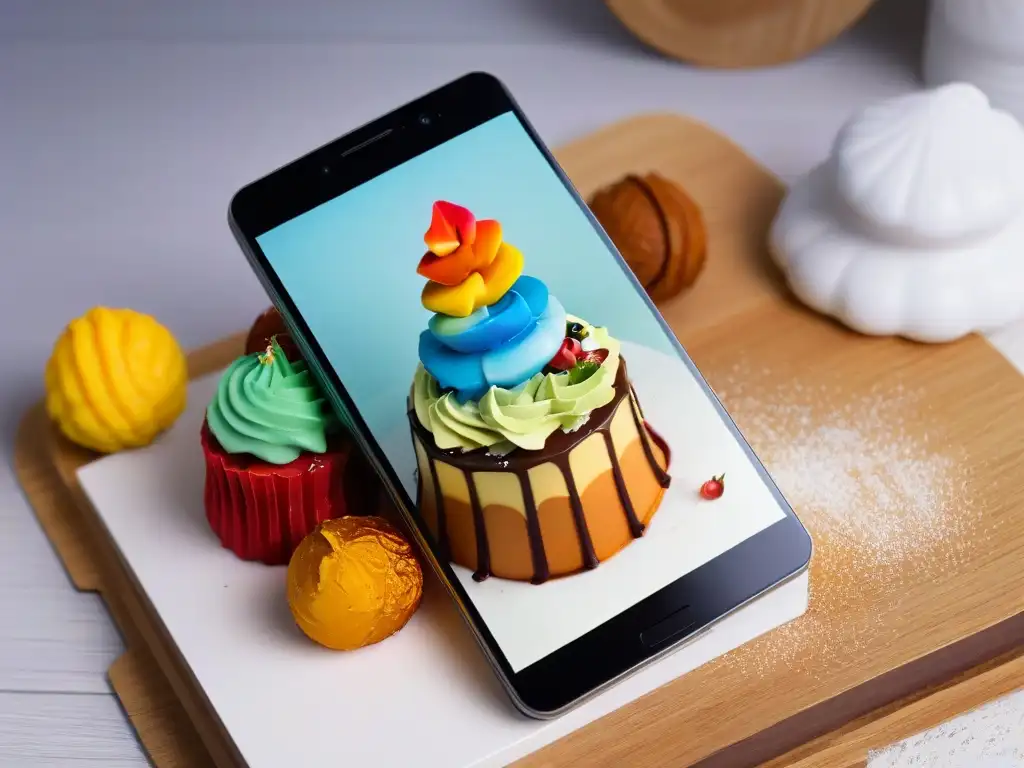 Diseño de aplicaciones de postres divertidas en moderno smartphone