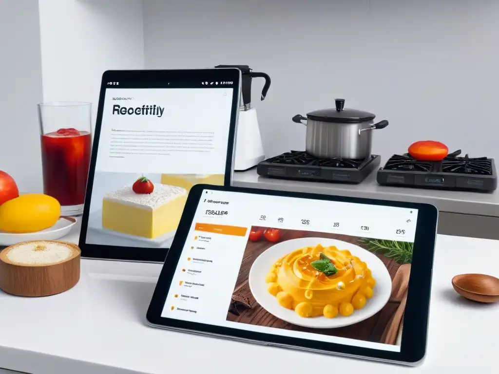 Diseño elegante de cocina moderna con tablet digital mostrando recetas de repostería