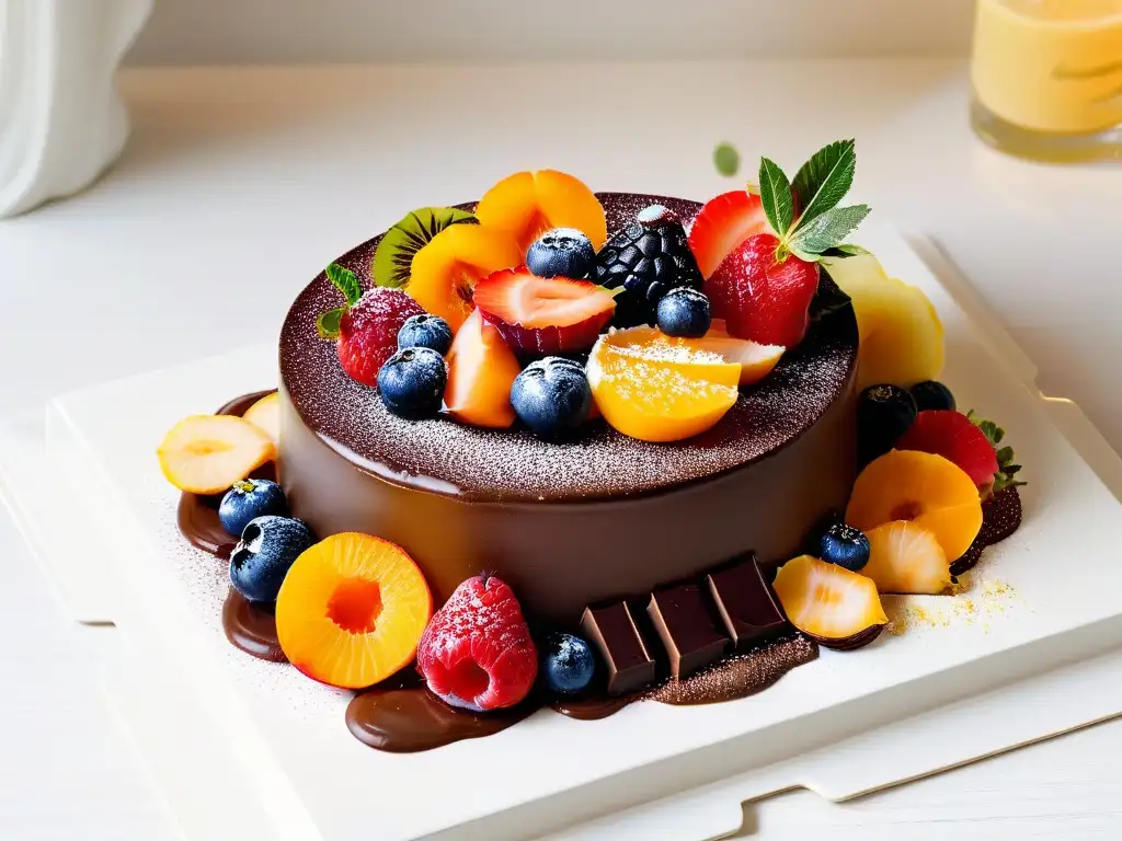 Diseño moderno en postres: escultura de chocolate rodeada de coulis de frutas vivas y oro comestible