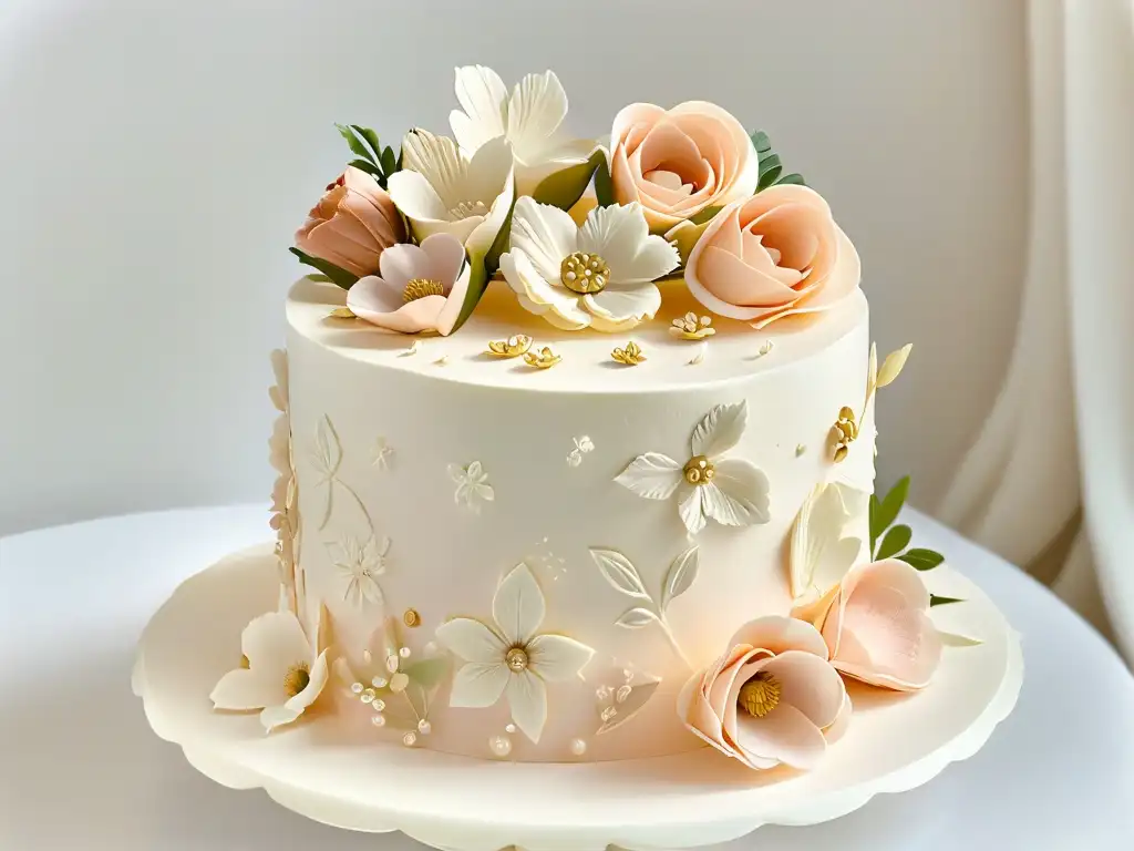 Diseño de pasteles de lujo: Detalle exquisito de tarta multi-nivel cubierta de fondant blanco con flores de azúcar en tonos rosa, marfil y dorado