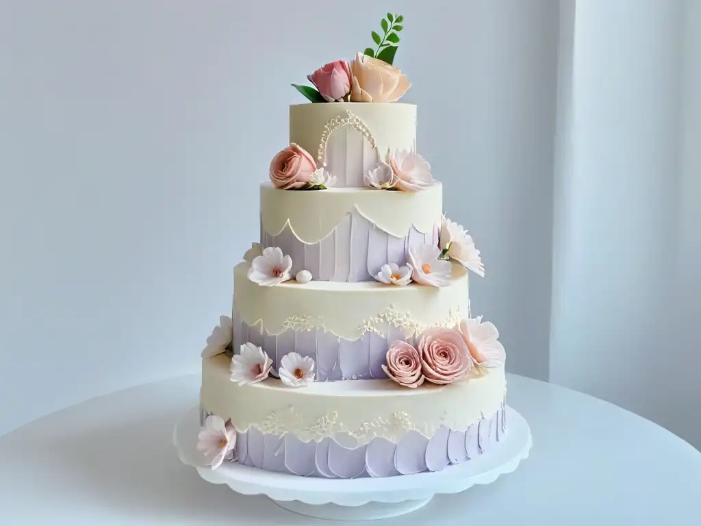 Diseño de pasteles de lujo: Elegante pastel de bodas de tres niveles con encaje blanco y flores de azúcar en tonos pastel