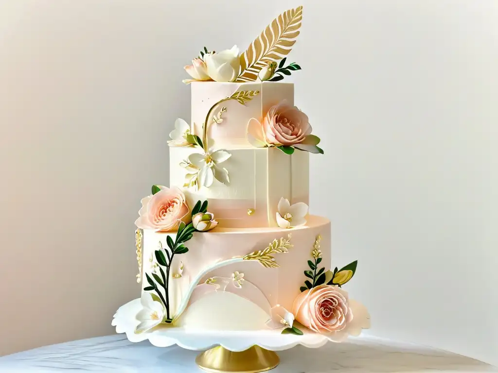 Diseño de pasteles de lujo: Exquisito pastel de tres pisos con detalles en oro, flores de azúcar y vegetación, sobre un elegante soporte de mármol