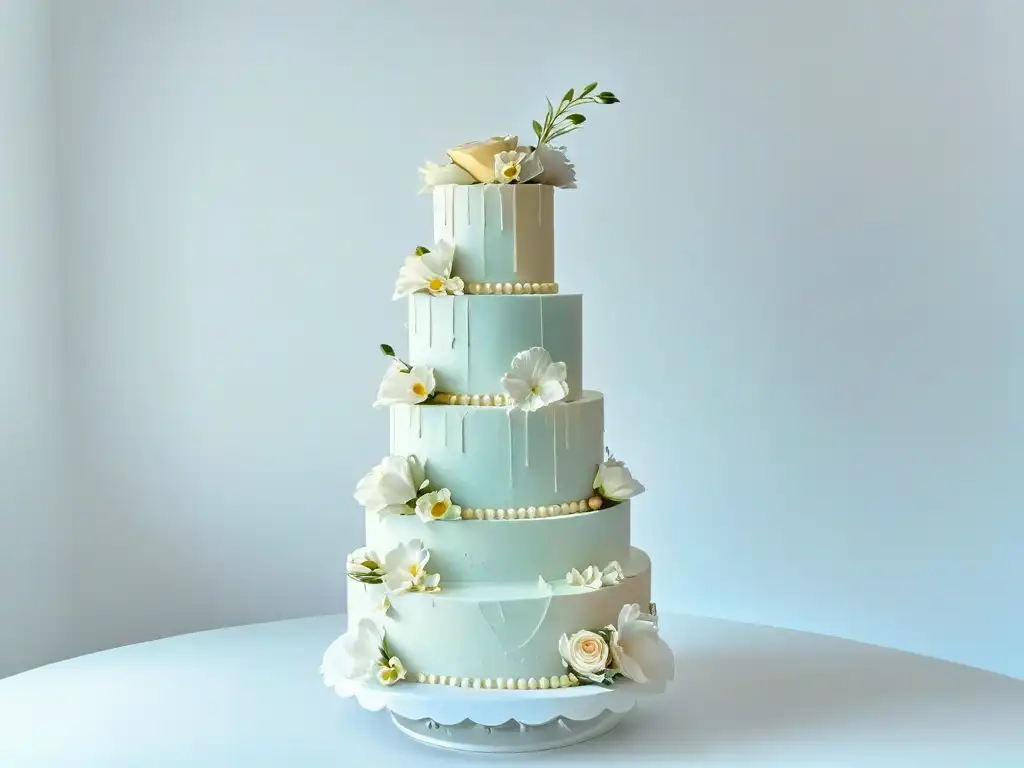 Diseño de pasteles de lujo: una lujosa tarta de tres pisos con detalles dorados y flores frescas en tonos pastel