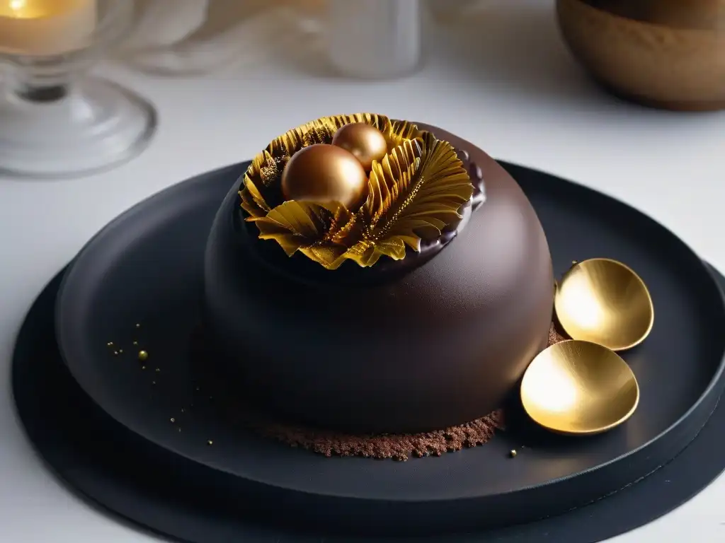 Diseño de postre de alta gama con equilibrio de temperatura y detalles dorados sobre esfera de chocolate en plato negro