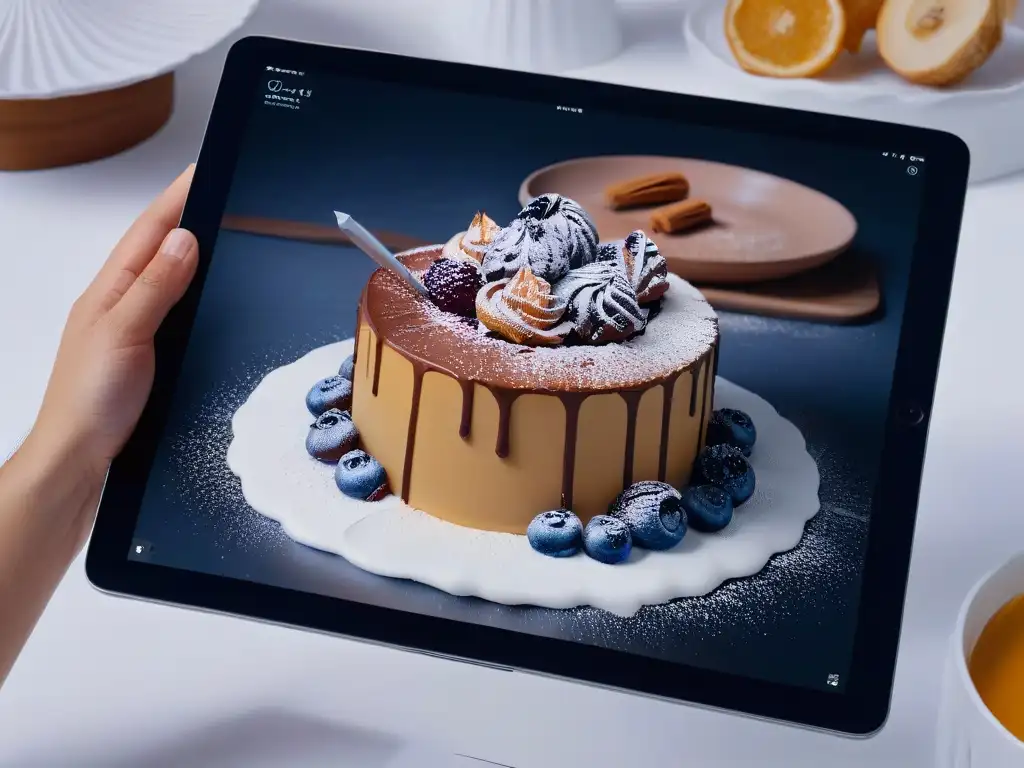 Un diseño de postre detallado en Procreate en un iPad Pro, destacando la precisión y creatividad