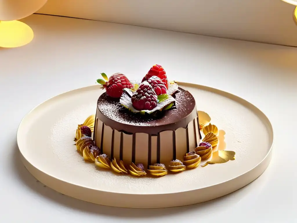 Delicioso postre de chocolate con hojas de oro y frambuesas Diseño de postres de lujo: Exquisito postre de chocolate con hojas de oro y frambuesas, presentado con elegancia en un plato blanco moderno
